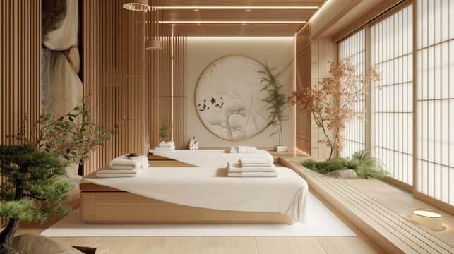 Elegant White Spa Room With Wooden Elements And Massage Tables