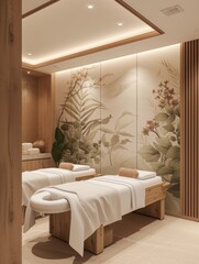 elegant white spa room with wooden elements and massage tables
