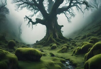 A valley embraced by a dense fog, revealing only the silhouettes of towering ancient trees and moss-covered rocks, creating an atmosphere of mystique.