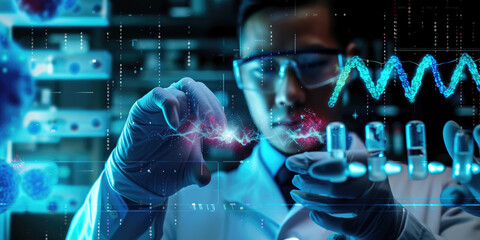 Scientist holding medical testing tubes or vials of medical pharmaceutical research with blood cells and virus cure using DNA genome sequencing biotechnology as wide banner hologram - obrazy, fototapety, plakaty