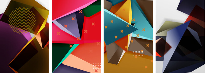 Trendy low poly 3d triangle shapes and other geometric elements background designs for wallpaper, business card, cover, poster, banner, brochure, header, website