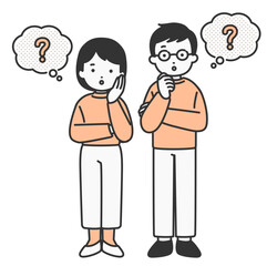 悩み事、疑問がある若い男女の人物イラスト素材
