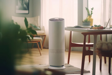 Air purifier in white workplace modern room , Cleaning removing dust PM 2.5, Air purifier a living room