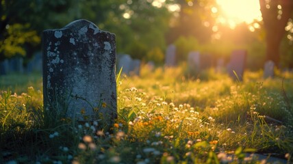 A tranquil graveyard at sunset, with wildflowers blooming