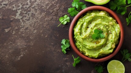 Homemade guacamole in bowl with lime and cilantro, rustic table