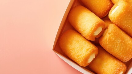 A box of golden twinkies against a soft pastel backdrop