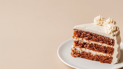 A slice of carrot cake with cream cheese frosting on a white plate