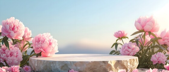 romantic natural stone pedestal in the garden for product presentation with pink roses and clear blue sky. Showcase for wedding, spring and easter products. Template, layout for product advertising.  