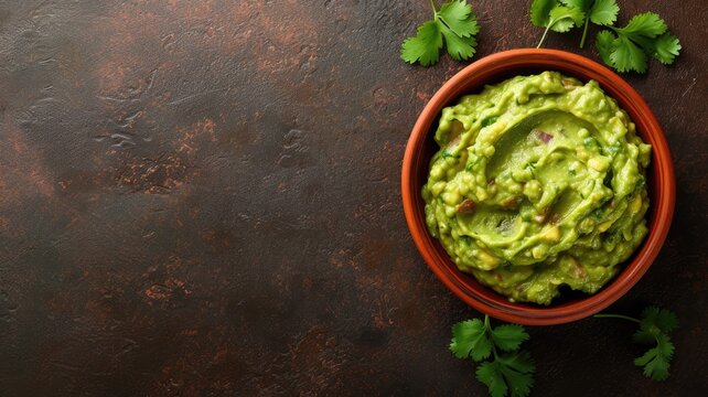 Traditional homemade guacamole in earthenware bowl on dark surface