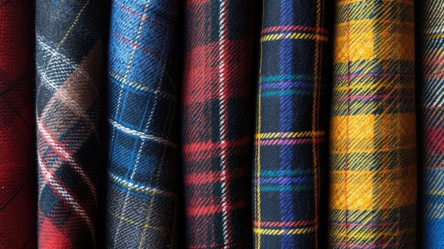 Vibrant tartan wool fabrics hanging, showcasing patterns and textures