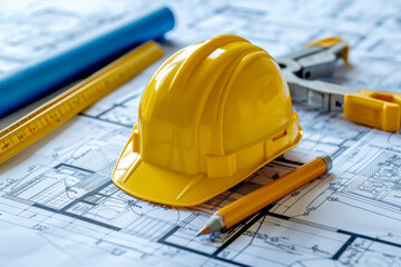 Safety Helmet and Tools on Construction Blueprints.
Yellow safety helmet and construction tools on top of detailed blueprints.