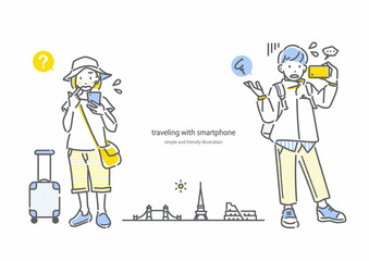 海外旅行でスマホにイライラする若い女性と男性　シンプルでお洒落な線画イラスト
