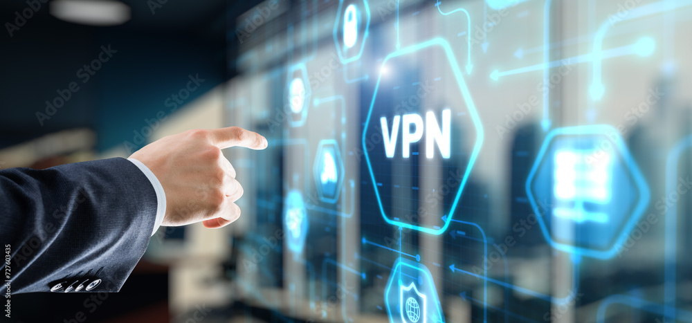 Poster businessman presses a button vpn. network security internet privacy encryption concept