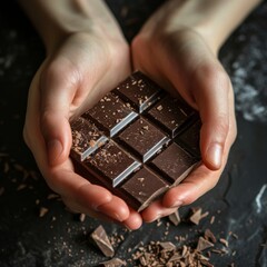 hands holding a piece of dark chocolate - isolated product closeup