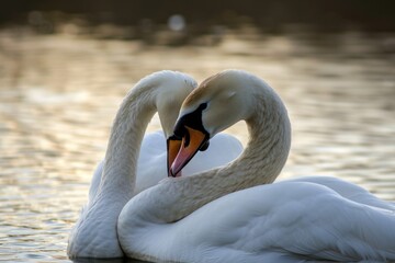 Fototapeta premium Serene embrace: two swans in love, a graceful display of adoration and unity in the swanst's affectionate bond, a symbol of tranquility and everlasting companionship in the natural world.