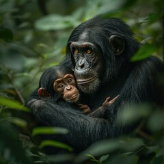 A heartwarming moment of maternal bonding between a chimpanzee mother and her baby in the forest. Generative AI.