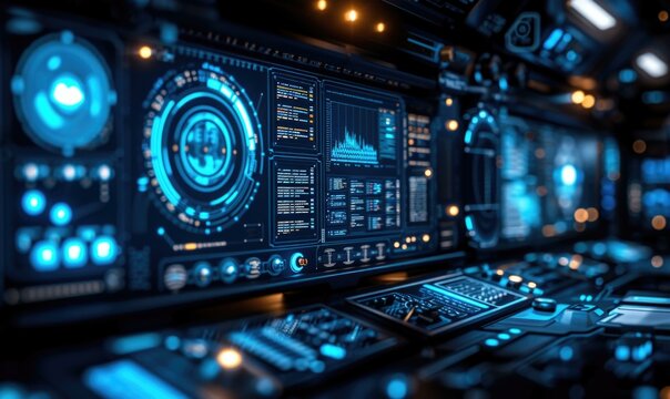 A high-tech research facility with a computer screen displaying complex algorithms and code, symbolizing the power of technology and innovation. Generative AI.