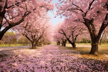 : A field of cherry blossoms in full bloom, with pink and white petals creating a carpet beneath the blossoming trees.