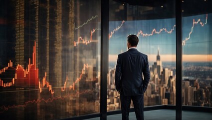 Businessman in city background with stock market and stock market financial performance growth graphs.