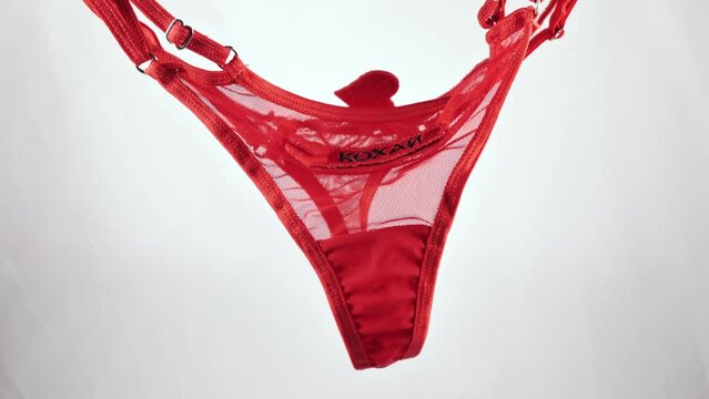 Valentine's Day Sexy Underwear Red Mesh Micro Panties Thong Hold Up String. Close-up in focus on white isolated background