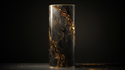 A cylindrical black granite podium, sleek yet imposing, garners attention. The brown backdrop materializes as a fluid abstract mural, imbued with golden accents, which emanate a gentle sheen.