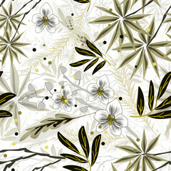 Seamless monochrome floral tropical pattern. White orchid flowers with olive leaves on a white background. - 727604212