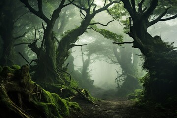 : A dense mist rolling through a mystical forest, shrouding ancient trees and creating an enchanting and ethereal atmosphere.