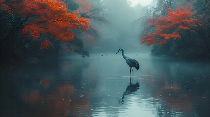 A wading bird stands in the water. A crane on a misty morning. Natural background. Illustration for cover, card, postcard, interior design, banner, poster, brochure or presentation.
