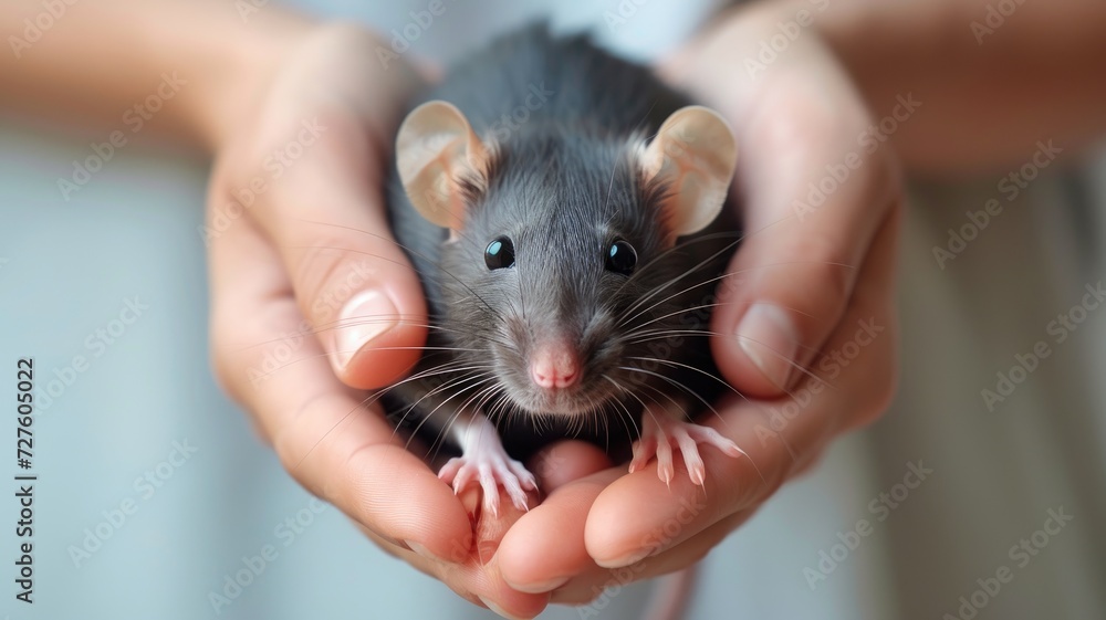 Wall mural gentle human hands cradling a friendly little rat, symbolizing care and trust - Wall murals