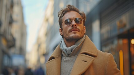 Self-assured, fashionable young man in sunglasses on a busy city street surrounded by modern structures