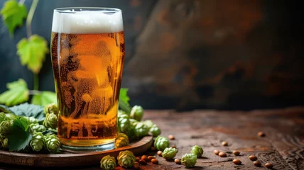  A refreshing pint of beer amidst fresh hops © Artyom