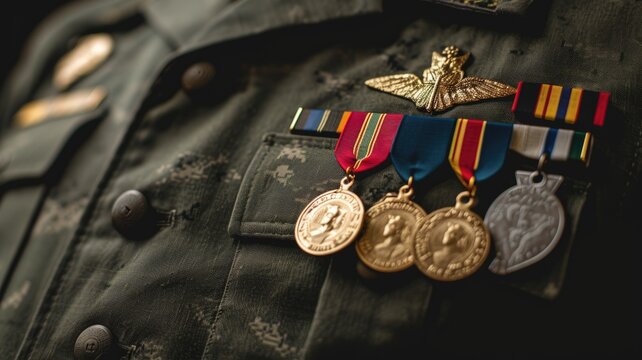 Military medals pinned on a uniform, representing honor, valor, and dedicated service