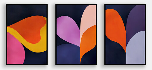 Three vertical geometric art posters, soft and rounded forms.