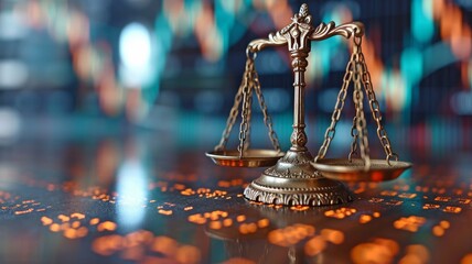 Financial law on the stock market exchange board including a gavel judge and law scale