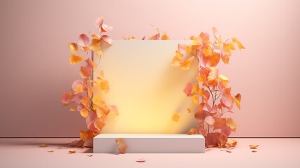 A geometrically pleasing 3D podium, veiled by an overhead arrangement of cascading leaves, is presented against a gradient background of pastel yellows and pinks. 