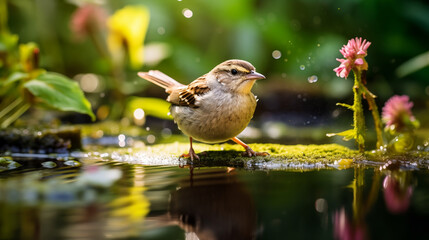 Playful Little Bird Enjoying Water on Forest Floor. Generative AI.