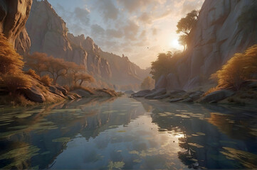 Sunset In a Beautiful Canyon with a Peaceful River