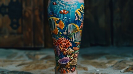 An underwater seascape tattoo on the calf, featuring colorful fish, coral, and waves, creating a serene aquatic masterpiece.