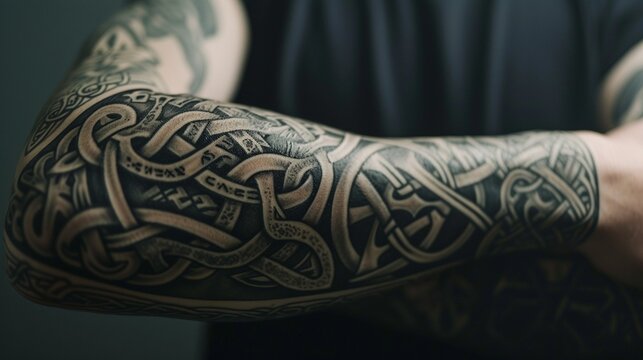 An intricate Celtic knotwork sleeve tattoo, weaving together traditional patterns in a visually captivating and symbolic arrangement.