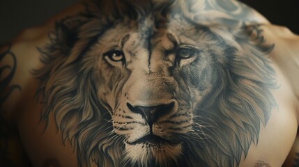 A lifelike lion's head tattoo covering the chest and shoulder, with incredible realism and...
