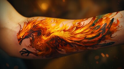 A striking abstract phoenix rising from the ashes, covering the entire forearm and symbolizing renewal and strength.