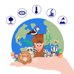 Hand holding planet with  birds and animals vector illustration. Deforestation, plant emissions, temperature changes icons. Destruction of animal and bird species, environment, ecology, biodiversity