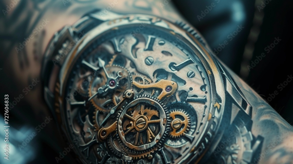 Aufkleber a timepiece with intricate gears and clockwork mechanisms tattooed on the inner forearm, symbolizing
