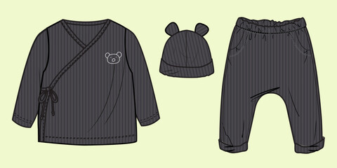 Baby Sleeping Sweatshirt, Jogger, and Hat Set Fashion Template - Black and White Outline, Front and Back View Mock-Up