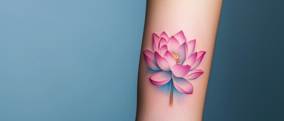 A graceful lotus flower tattoo, blooming on the upper arm, symbolizing purity and enlightenment, against a solid blue background. - obrazy, fototapety, plakaty