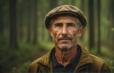 portrait of a man in natural clothes in the forest. Generative AI