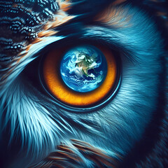A red-eyed owl in the shape of the planet Earth. with AI-generative technology.