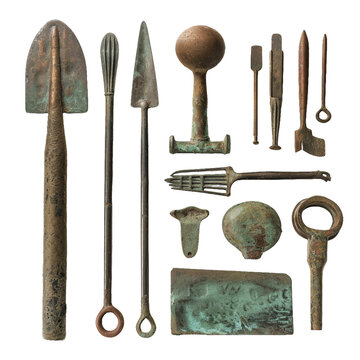 Bronze age tools, transparent background, isolated image, generative AI