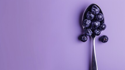 Spoon with blueberries on vibrant purple background, top view
