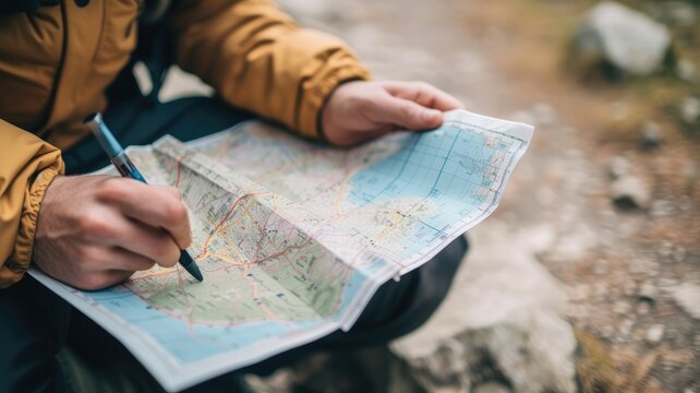 Man planning a hiking route with a map and pen outdoors